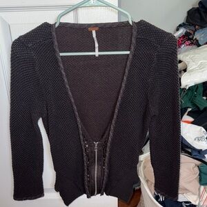 Free People Black Knit Zip-Front Cardigan